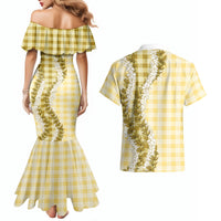 Yellow Hawaii Palaka Couples Matching Mermaid Dress and Hawaiian Shirt Hawaiian Honohono Lei LT05 - Polynesian Pride