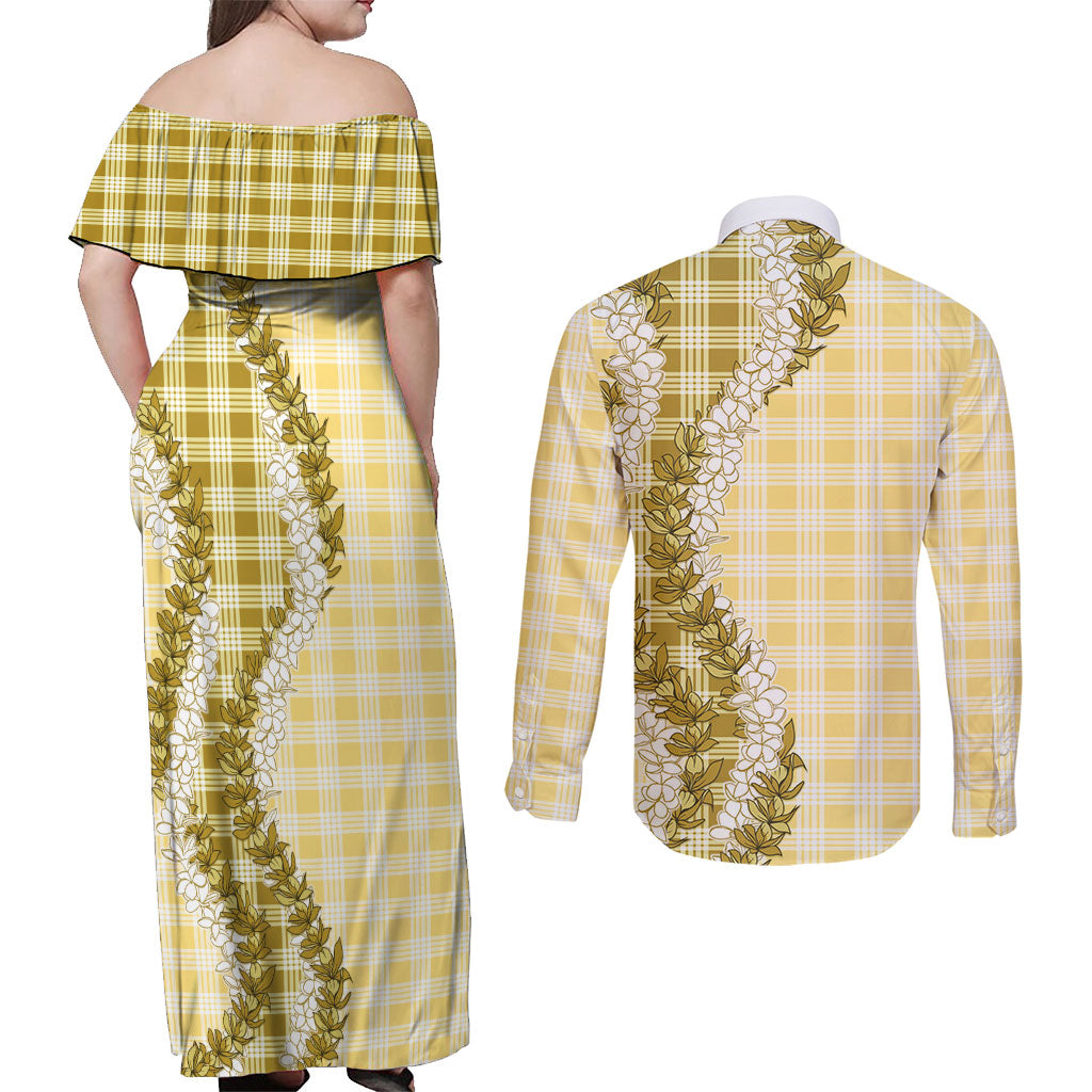 Yellow Hawaii Palaka Couples Matching Off Shoulder Maxi Dress and Long Sleeve Button Shirt Hawaiian Honohono Lei LT05 - Polynesian Pride