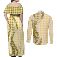 Yellow Hawaii Palaka Couples Matching Off Shoulder Maxi Dress and Long Sleeve Button Shirt Hawaiian Honohono Lei LT05 - Polynesian Pride