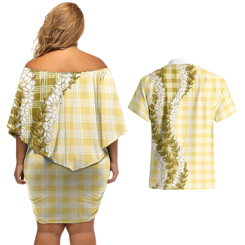 Yellow Hawaii Palaka Couples Matching Off Shoulder Short Dress and Hawaiian Shirt Hawaiian Honohono Lei LT05 - Polynesian Pride