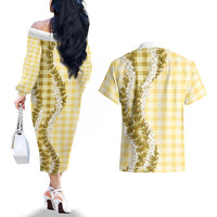 Yellow Hawaii Palaka Couples Matching Off The Shoulder Long Sleeve Dress and Hawaiian Shirt Hawaiian Honohono Lei LT05 - Polynesian Pride