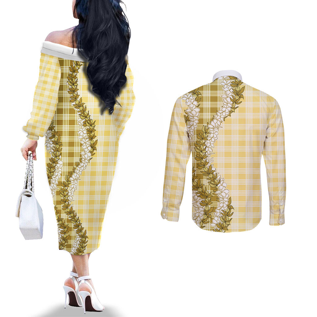 Yellow Hawaii Palaka Couples Matching Off The Shoulder Long Sleeve Dress and Long Sleeve Button Shirt Hawaiian Honohono Lei LT05 - Polynesian Pride