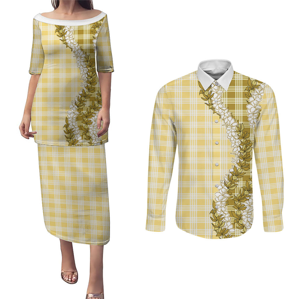 Yellow Hawaii Palaka Couples Matching Puletasi and Long Sleeve Button Shirt Hawaiian Honohono Lei