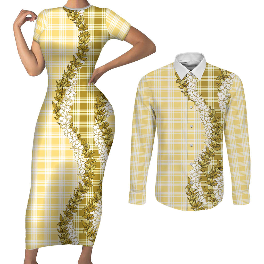 Yellow Hawaii Palaka Couples Matching Short Sleeve Bodycon Dress and Long Sleeve Button Shirt Hawaiian Honohono Lei LT05 Yellow - Polynesian Pride