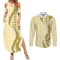 Yellow Hawaii Palaka Couples Matching Summer Maxi Dress and Long Sleeve Button Shirt Hawaiian Honohono Lei LT05 Yellow - Polynesian Pride