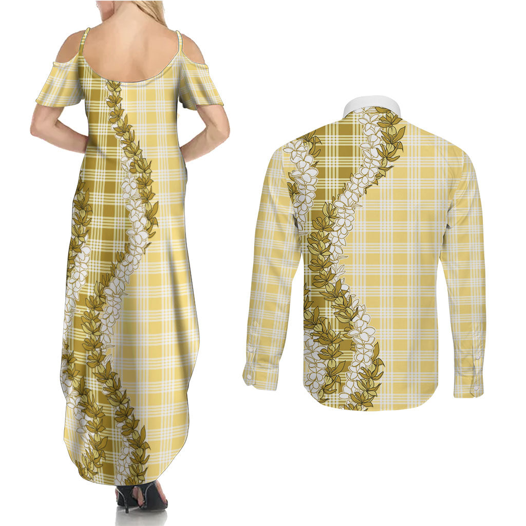 Yellow Hawaii Palaka Couples Matching Summer Maxi Dress and Long Sleeve Button Shirt Hawaiian Honohono Lei LT05 - Polynesian Pride
