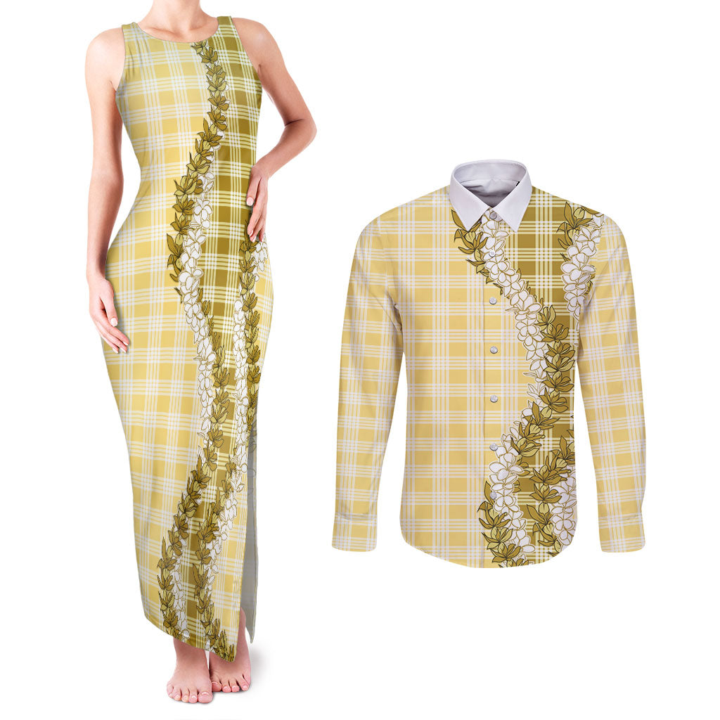 Yellow Hawaii Palaka Couples Matching Tank Maxi Dress and Long Sleeve Button Shirt Hawaiian Honohono Lei LT05 Yellow - Polynesian Pride