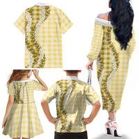 Yellow Hawaii Palaka Family Matching Off The Shoulder Long Sleeve Dress and Hawaiian Shirt Hawaiian Honohono Lei LT05 - Polynesian Pride