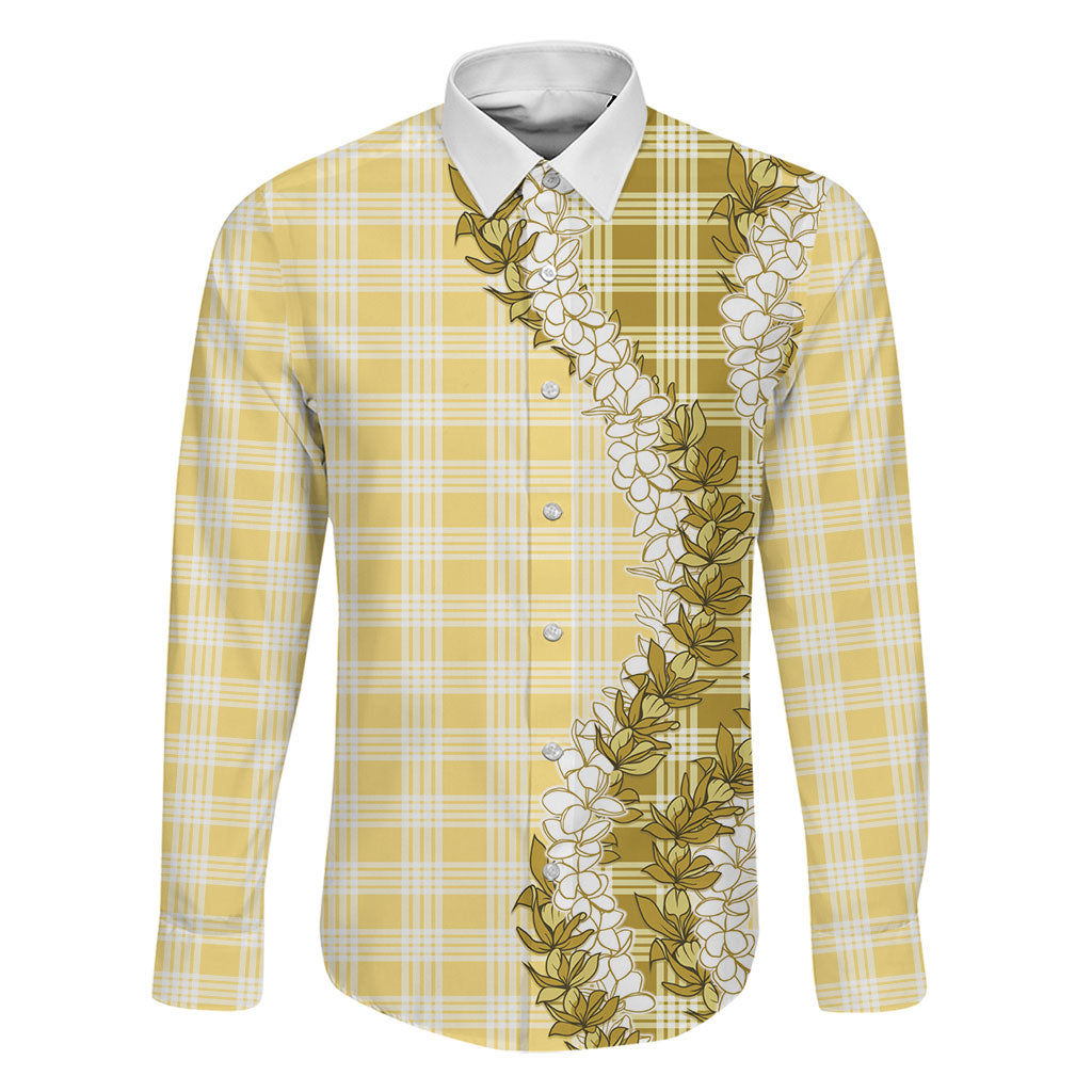 Yellow Hawaii Palaka Family Matching Off The Shoulder Long Sleeve Dress and Hawaiian Shirt Hawaiian Honohono Lei LT05 Dad's Shirt - Long Sleeve Yellow - Polynesian Pride