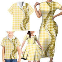 Yellow Hawaii Palaka Family Matching Short Sleeve Bodycon Dress and Hawaiian Shirt Hawaiian Honohono Lei LT05 - Polynesian Pride