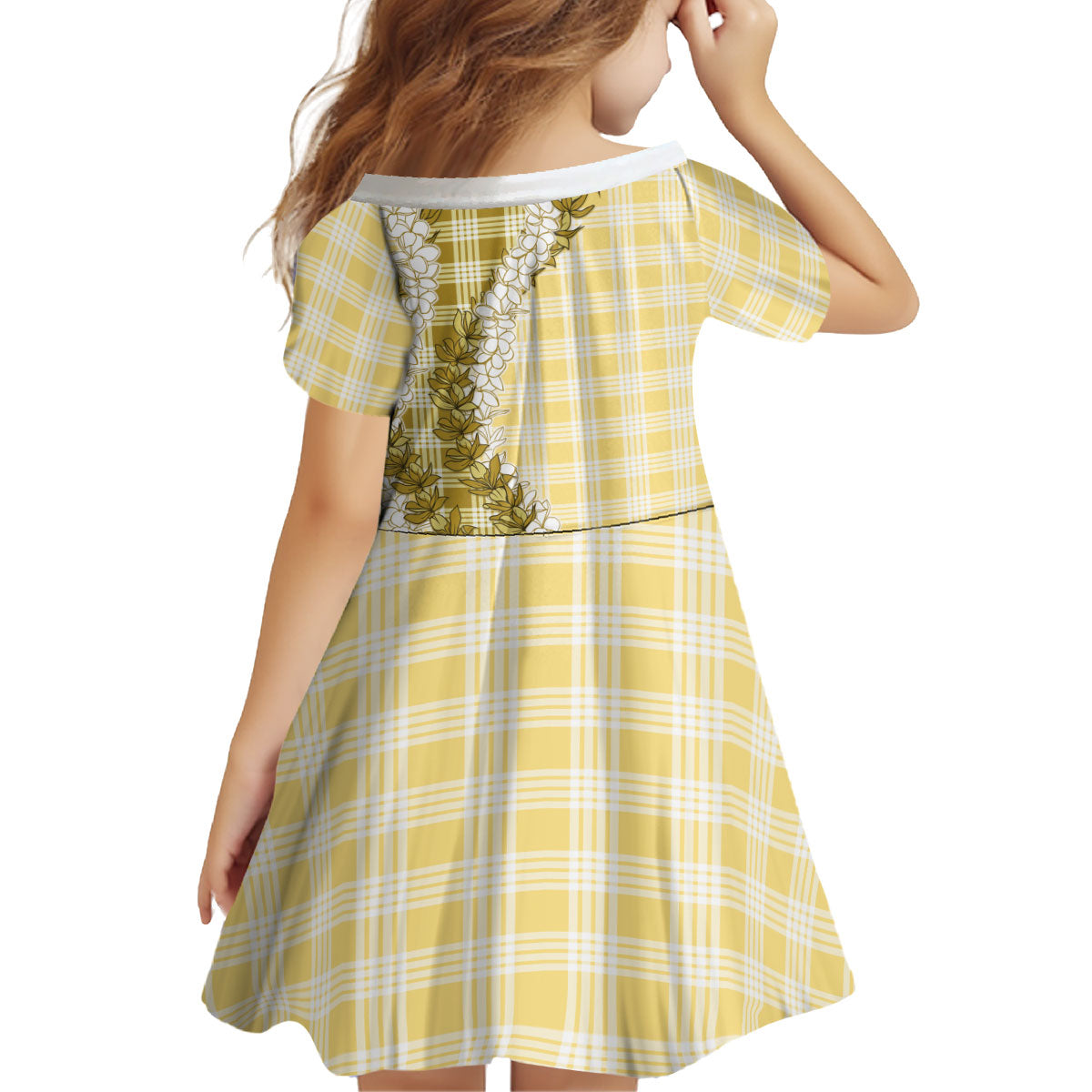 Yellow Hawaii Palaka Kid Short Sleeve Dress Hawaiian Honohono Lei