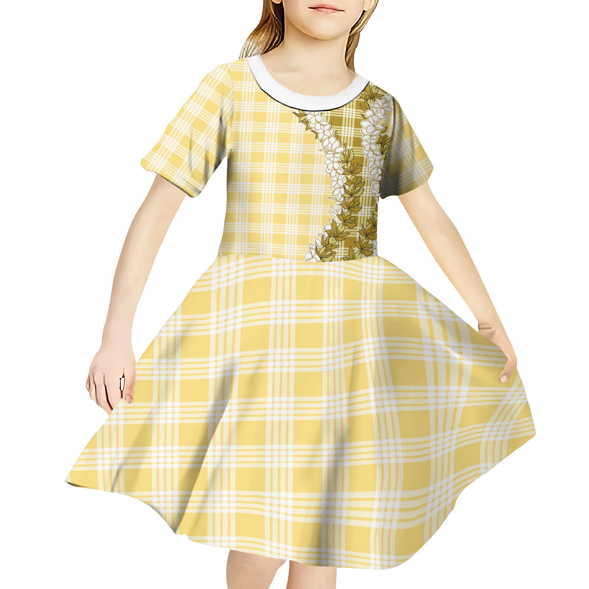 Yellow Hawaii Palaka Kid Short Sleeve Dress Hawaiian Honohono Lei