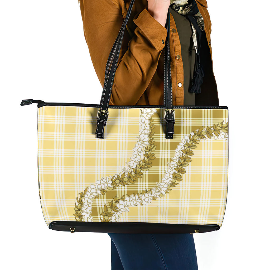 Yellow Hawaii Palaka Leather Tote Bag Hawaiian Honohono Lei