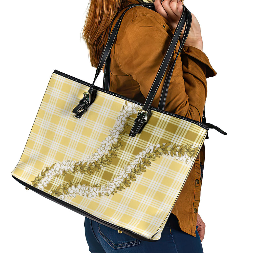 Yellow Hawaii Palaka Leather Tote Bag Hawaiian Honohono Lei