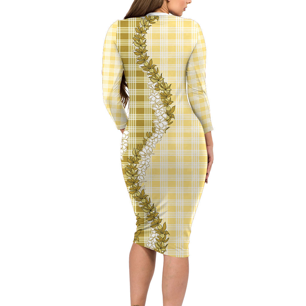 Yellow Hawaii Palaka Long Sleeve Bodycon Dress Hawaiian Honohono Lei LT05 - Polynesian Pride