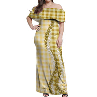 Yellow Hawaii Palaka Off Shoulder Maxi Dress Hawaiian Honohono Lei