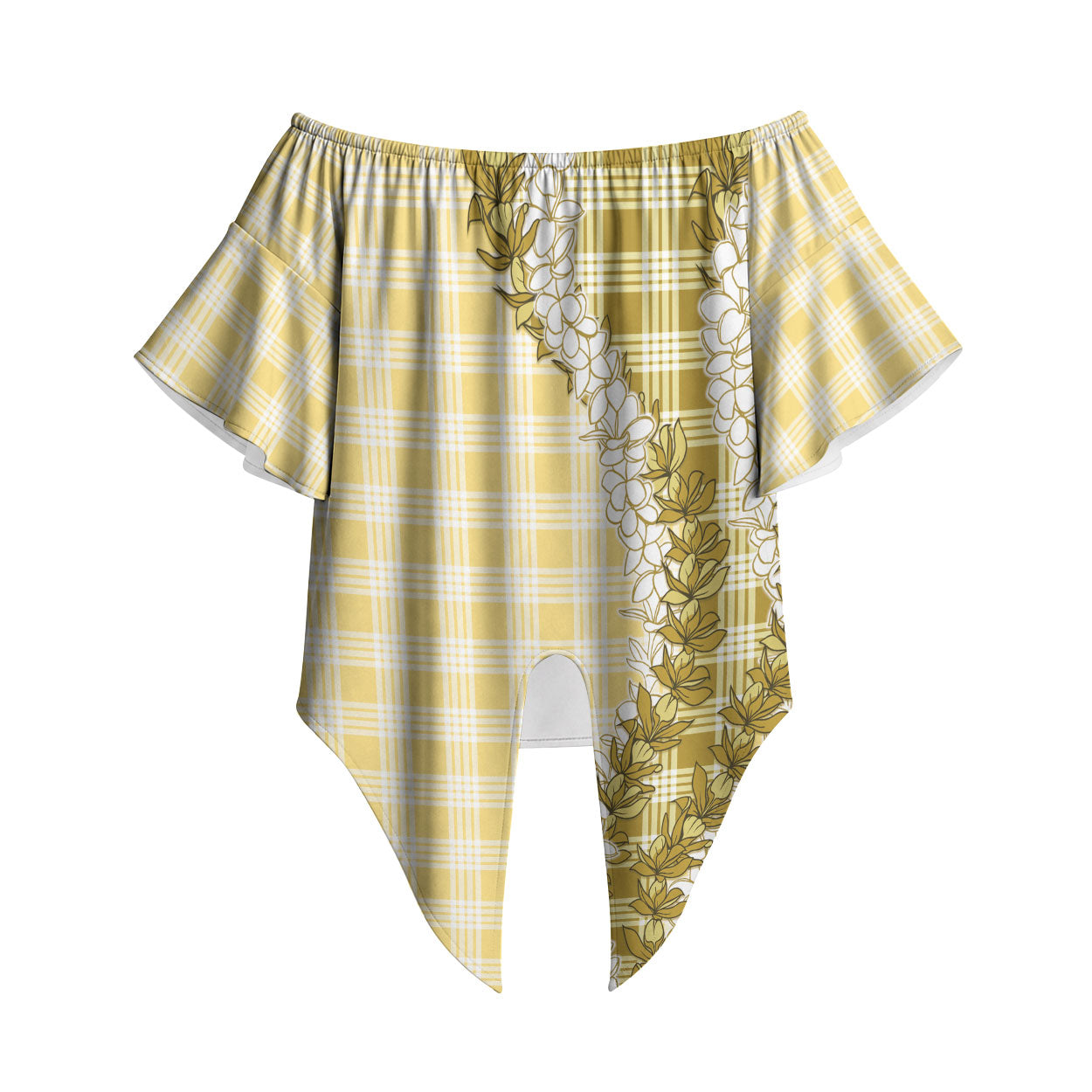 Yellow Hawaii Palaka Off Shoulder Wrap Waist Top Hawaiian Honohono Lei LT05 Yellow - Polynesian Pride