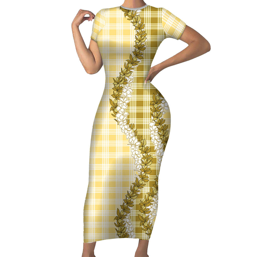 Yellow Hawaii Palaka Short Sleeve Bodycon Dress Hawaiian Honohono Lei LT05 Long Dress Yellow - Polynesian Pride