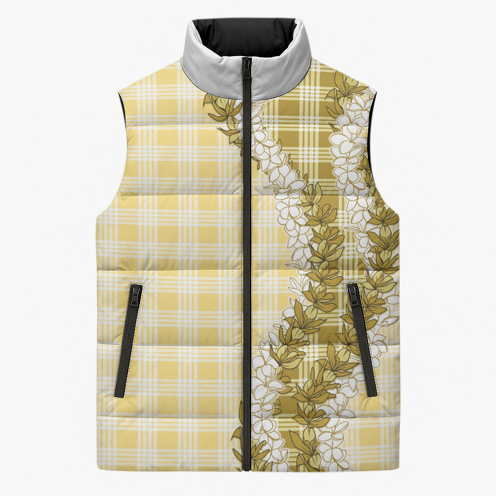 Yellow Hawaii Palaka Sleeveless Puffer Jacket Hawaiian Honohono Lei