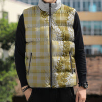 Yellow Hawaii Palaka Sleeveless Puffer Jacket Hawaiian Honohono Lei