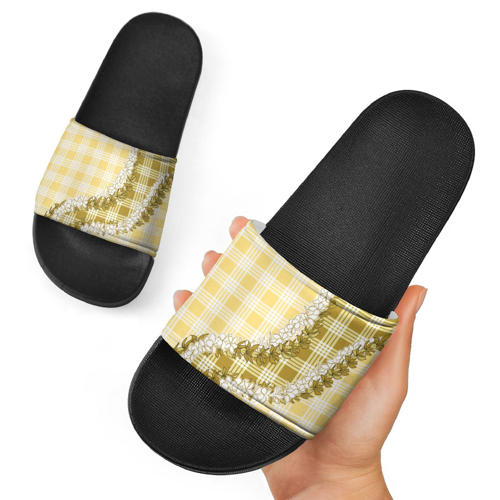 Yellow Hawaii Palaka Slide Sandals Hawaiian Honohono Lei