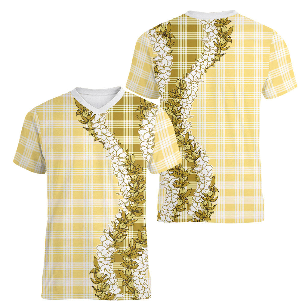 Yellow Hawaii Palaka Women V-Neck T-Shirt Hawaiian Honohono Lei LT05 - Polynesian Pride