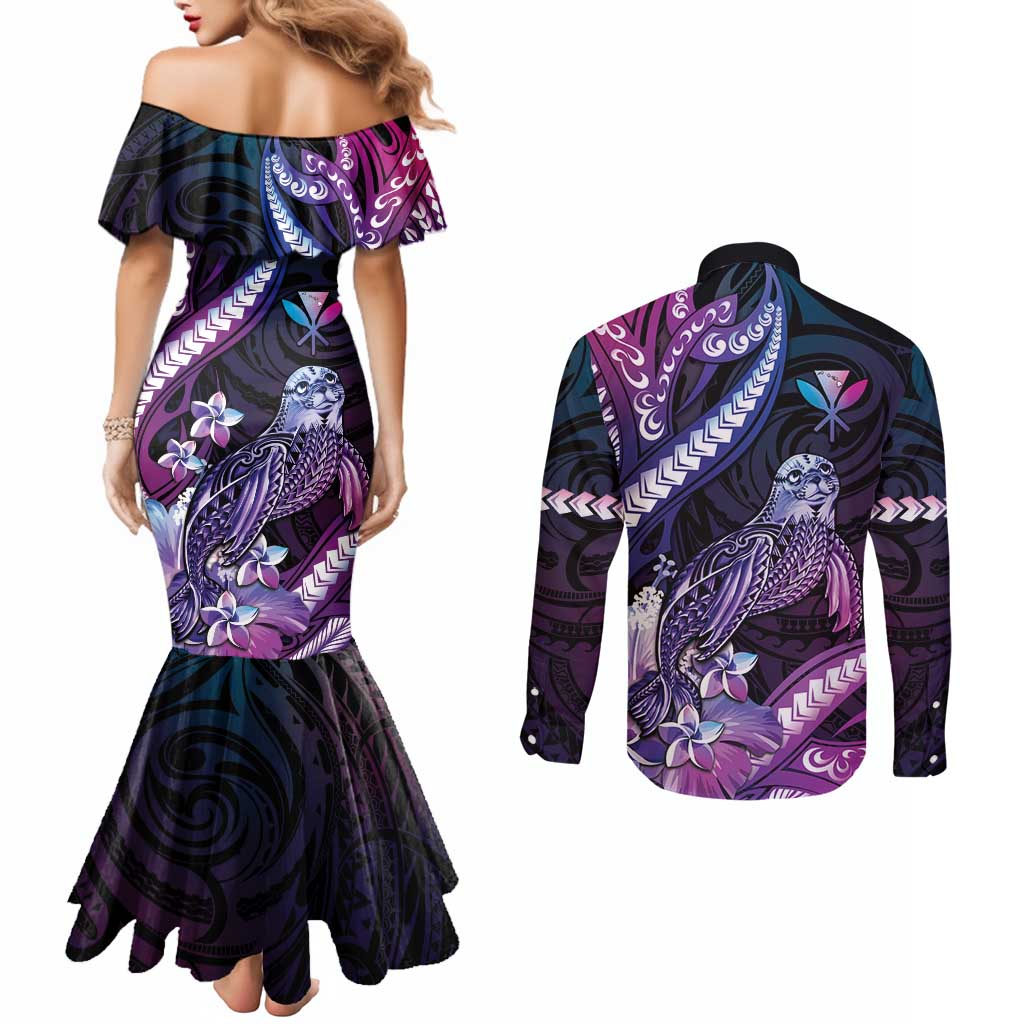 Hawaiian Monk Seal Couples Matching Mermaid Dress and Long Sleeve Button Shirt Kakau Tribal Pattern Violet Gradient