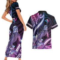 Hawaiian Monk Seal Couples Matching Short Sleeve Bodycon Dress and Hawaiian Shirt Kakau Tribal Pattern Violet Gradient LT05 - Polynesian Pride