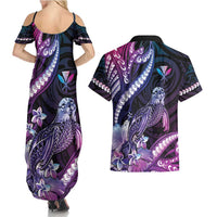 Hawaiian Monk Seal Couples Matching Summer Maxi Dress and Hawaiian Shirt Kakau Tribal Pattern Violet Gradient