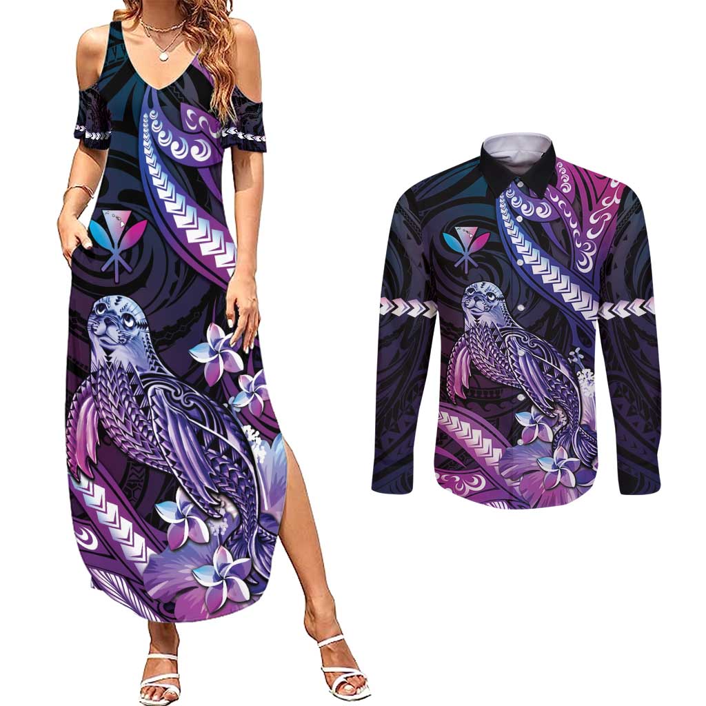 Hawaiian Monk Seal Couples Matching Summer Maxi Dress and Long Sleeve Button Shirt Kakau Tribal Pattern Violet Gradient
