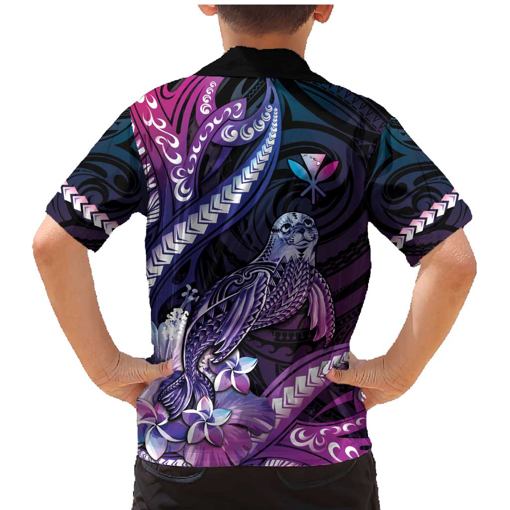Hawaiian Monk Seal Family Matching Mermaid Dress and Hawaiian Shirt Kakau Tribal Pattern Violet Gradient LT05 - Polynesian Pride