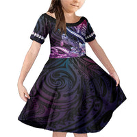 Hawaiian Monk Seal Family Matching Mermaid Dress and Hawaiian Shirt Kakau Tribal Pattern Violet Gradient LT05 Daughter's Dress Violet - Polynesian Pride