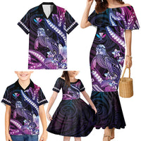 Hawaiian Monk Seal Family Matching Mermaid Dress and Hawaiian Shirt Kakau Tribal Pattern Violet Gradient LT05 - Polynesian Pride