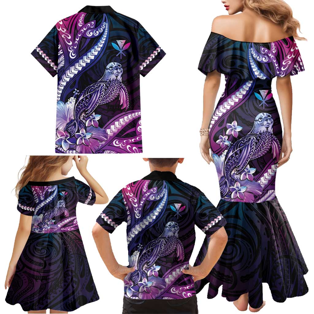 Hawaiian Monk Seal Family Matching Mermaid Dress and Hawaiian Shirt Kakau Tribal Pattern Violet Gradient LT05 - Polynesian Pride