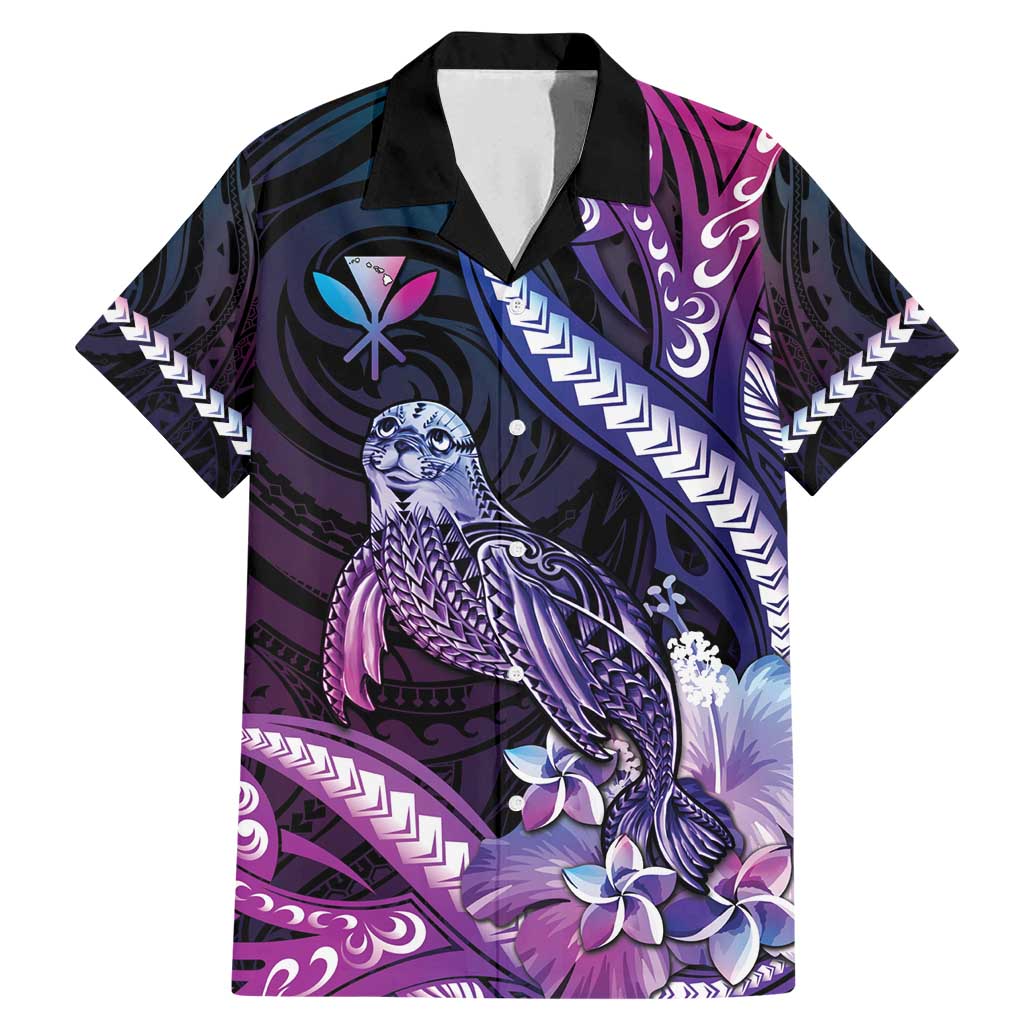 Hawaiian Monk Seal Family Matching Mermaid Dress and Hawaiian Shirt Kakau Tribal Pattern Violet Gradient LT05 Dad's Shirt - Short Sleeve Violet - Polynesian Pride