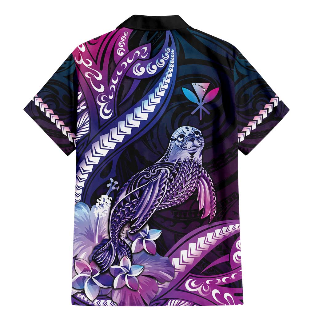 Hawaiian Monk Seal Family Matching Mermaid Dress and Hawaiian Shirt Kakau Tribal Pattern Violet Gradient LT05 - Polynesian Pride