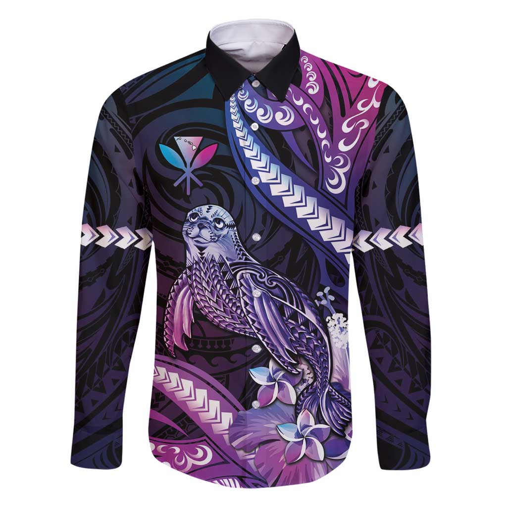 Hawaiian Monk Seal Family Matching Mermaid Dress and Hawaiian Shirt Kakau Tribal Pattern Violet Gradient LT05 Dad's Shirt - Long Sleeve Violet - Polynesian Pride