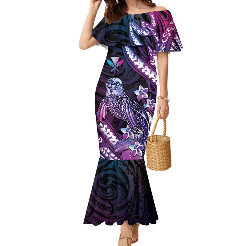 Hawaiian Monk Seal Family Matching Mermaid Dress and Hawaiian Shirt Kakau Tribal Pattern Violet Gradient LT05 Mom's Dress Violet - Polynesian Pride