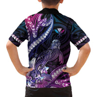 Hawaiian Monk Seal Family Matching Off The Shoulder Long Sleeve Dress and Hawaiian Shirt Kakau Tribal Pattern Violet Gradient