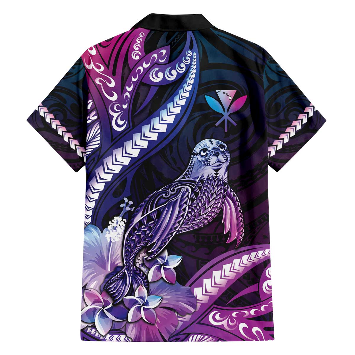 Hawaiian Monk Seal Family Matching Off The Shoulder Long Sleeve Dress and Hawaiian Shirt Kakau Tribal Pattern Violet Gradient