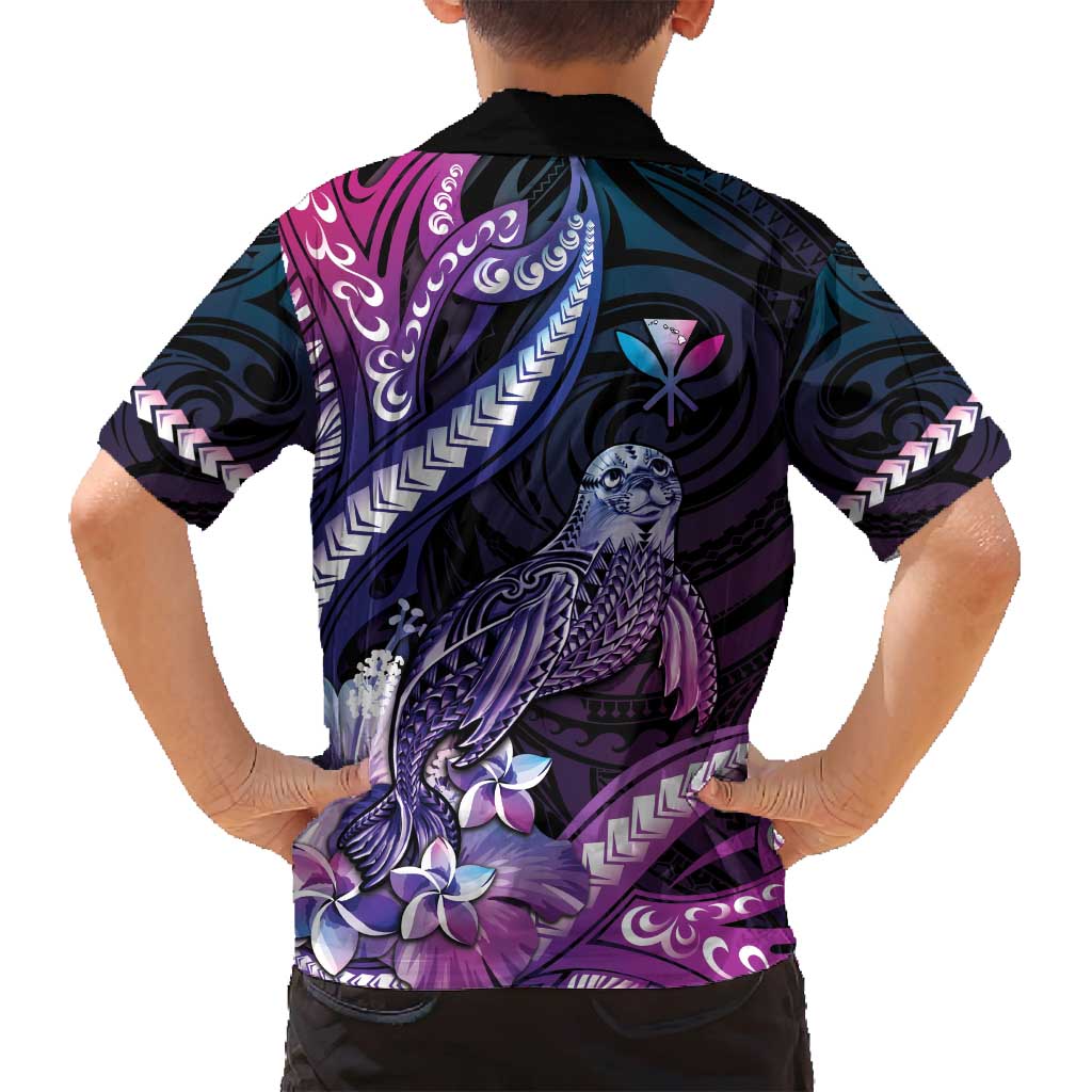 Hawaiian Monk Seal Family Matching Off Shoulder Maxi Dress and Hawaiian Shirt Kakau Tribal Pattern Violet Gradient LT05 - Polynesian Pride