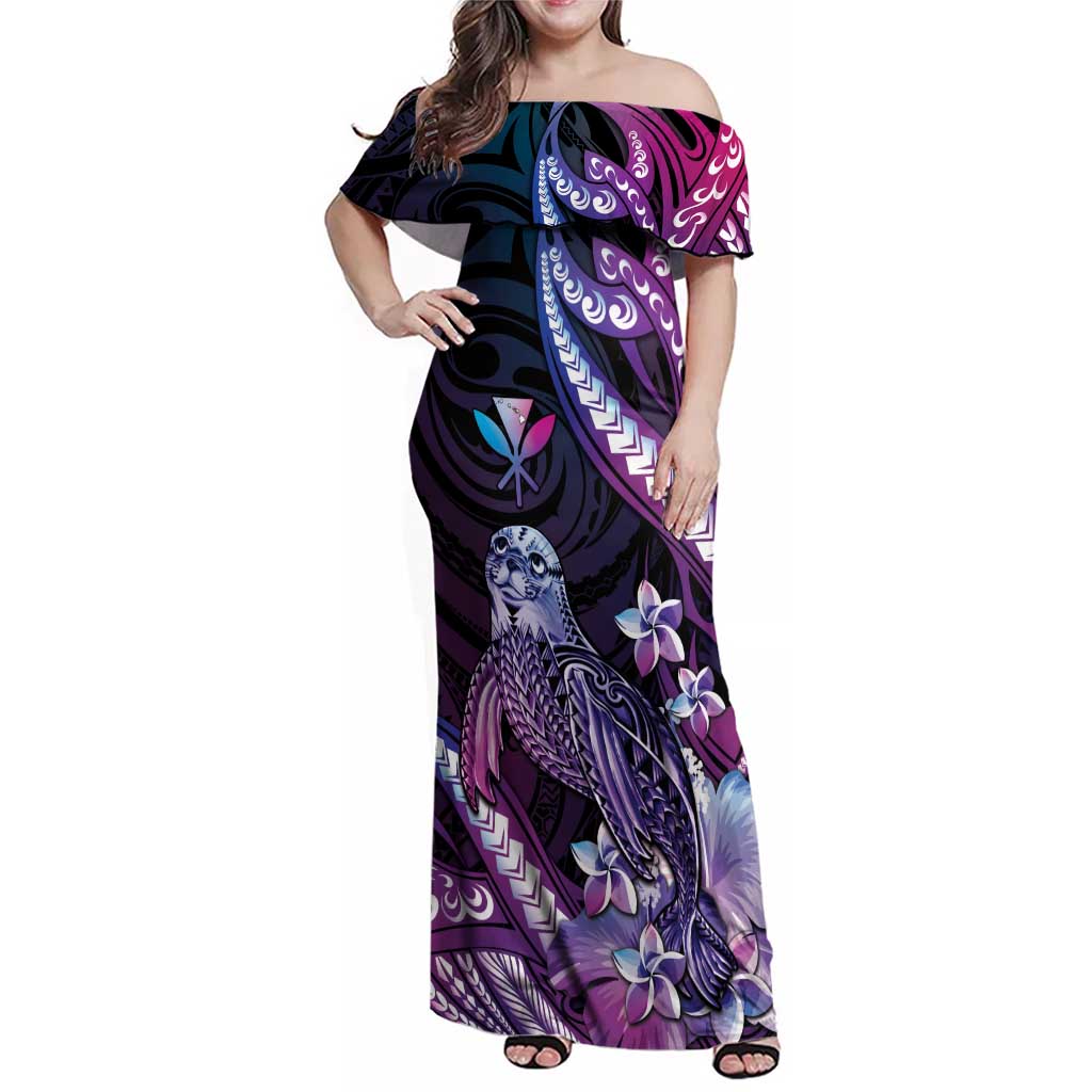Hawaiian Monk Seal Family Matching Off Shoulder Maxi Dress and Hawaiian Shirt Kakau Tribal Pattern Violet Gradient LT05 Mom's Dress Violet - Polynesian Pride