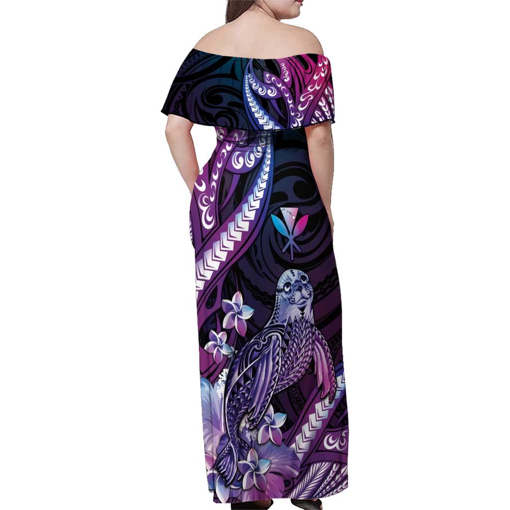 Hawaiian Monk Seal Family Matching Off Shoulder Maxi Dress and Hawaiian Shirt Kakau Tribal Pattern Violet Gradient LT05 - Polynesian Pride