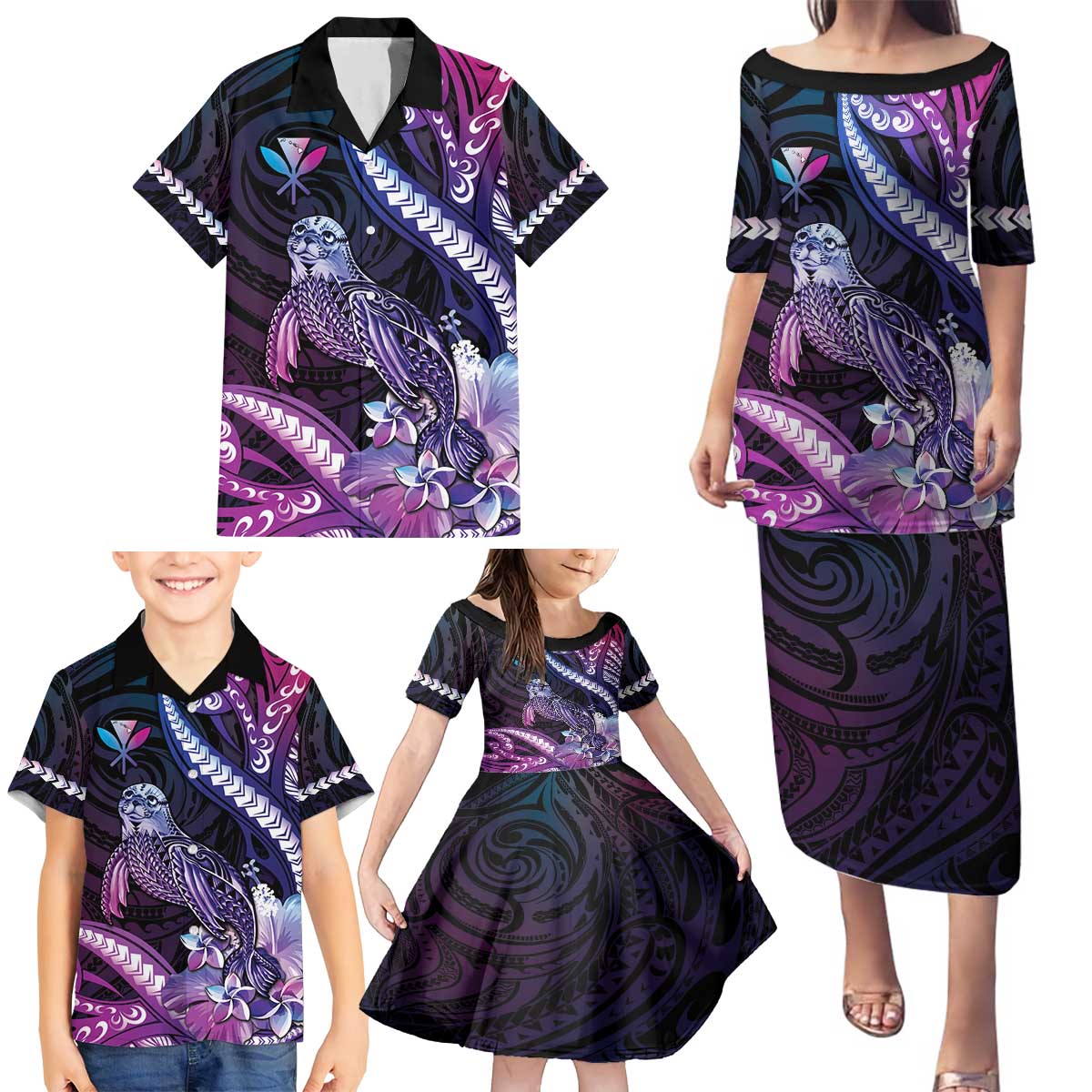 Hawaiian Monk Seal Family Matching Puletasi and Hawaiian Shirt Kakau Tribal Pattern Violet Gradient LT05 - Polynesian Pride
