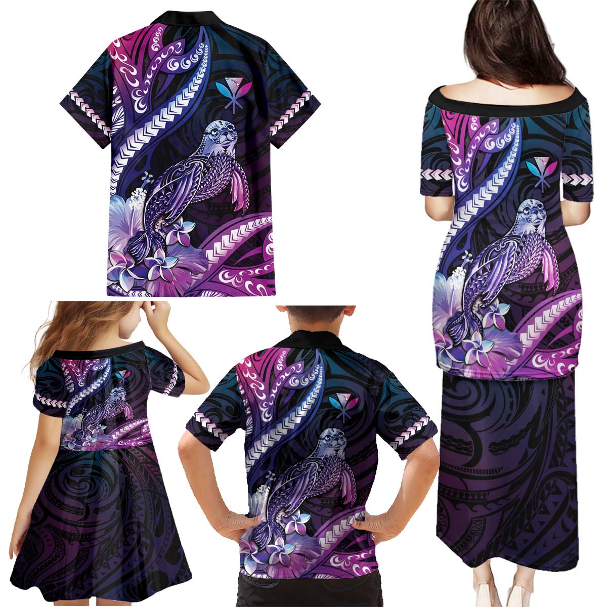 Hawaiian Monk Seal Family Matching Puletasi and Hawaiian Shirt Kakau Tribal Pattern Violet Gradient LT05 - Polynesian Pride