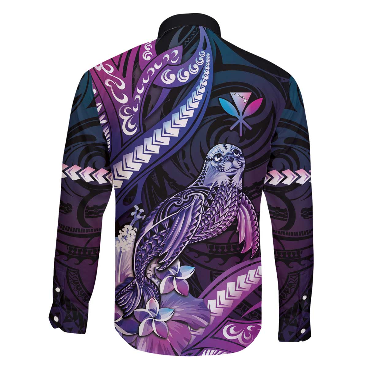 Hawaiian Monk Seal Family Matching Puletasi and Hawaiian Shirt Kakau Tribal Pattern Violet Gradient LT05 - Polynesian Pride
