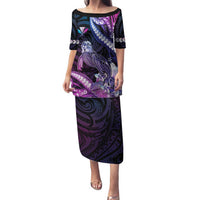 Hawaiian Monk Seal Family Matching Puletasi and Hawaiian Shirt Kakau Tribal Pattern Violet Gradient LT05 Mom's Dress Violet - Polynesian Pride