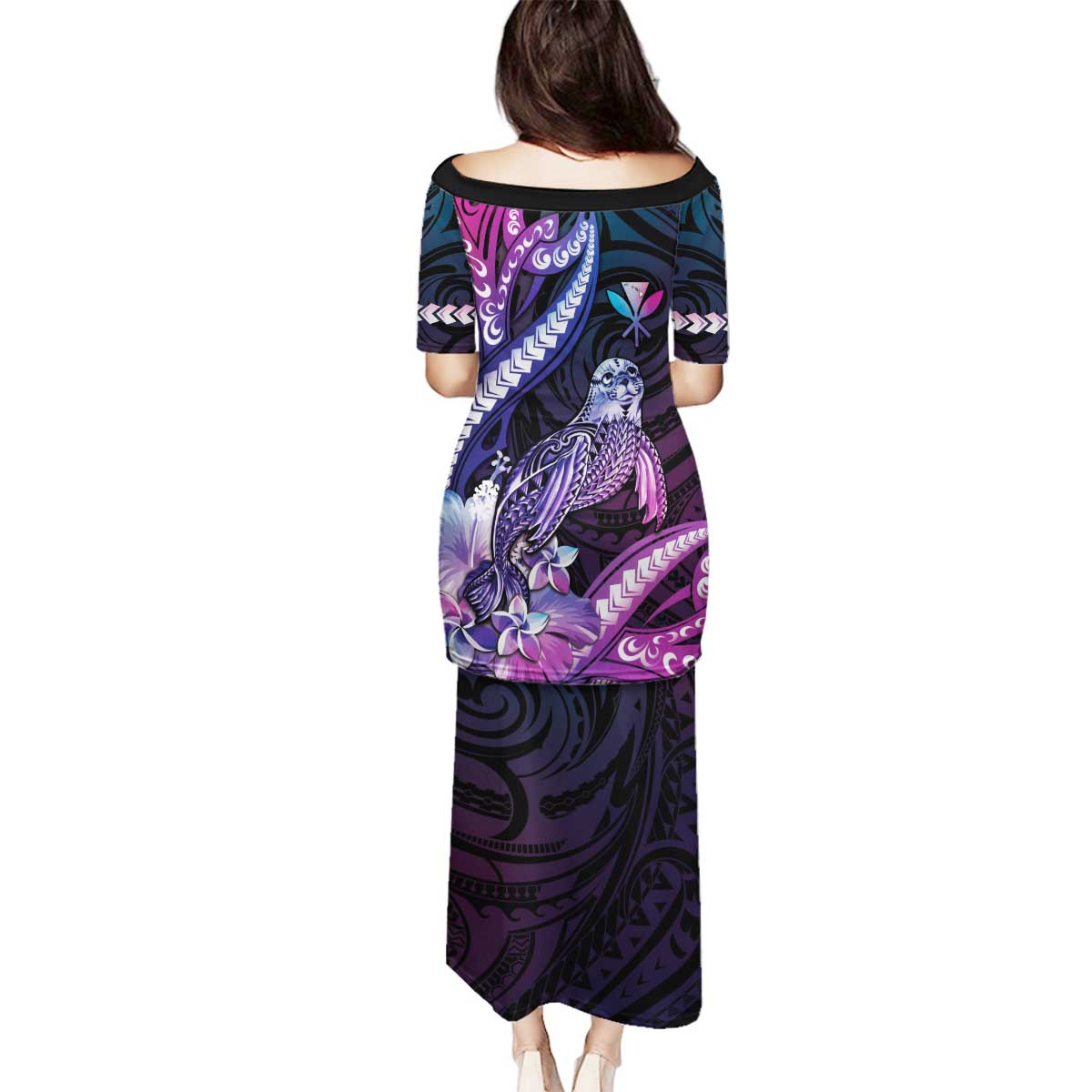 Hawaiian Monk Seal Family Matching Puletasi and Hawaiian Shirt Kakau Tribal Pattern Violet Gradient LT05 - Polynesian Pride