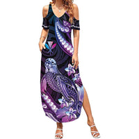 Hawaiian Monk Seal Family Matching Summer Maxi Dress and Hawaiian Shirt Kakau Tribal Pattern Violet Gradient