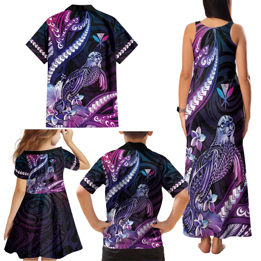 Hawaiian Monk Seal Family Matching Tank Maxi Dress and Hawaiian Shirt Kakau Tribal Pattern Violet Gradient